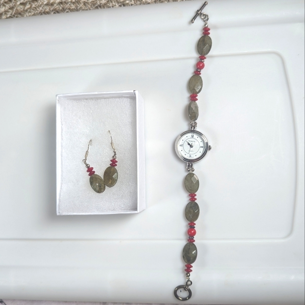 Geneva Quartz Sterling Silver Bracelet Wriswatch And Matching Earrings